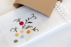Hand embroidered doily with hand crocheted lace.
